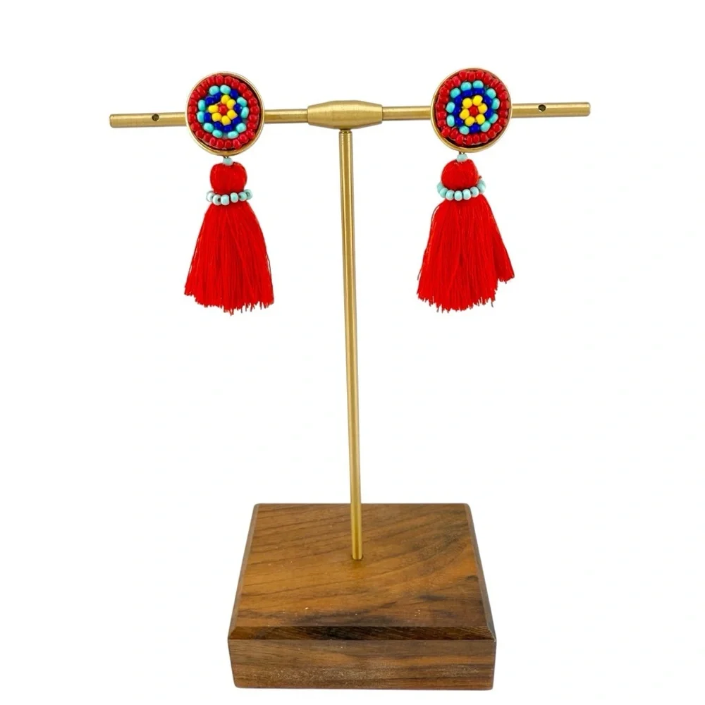 J. Crew Multicolor Beaded Red Tassel Earrings